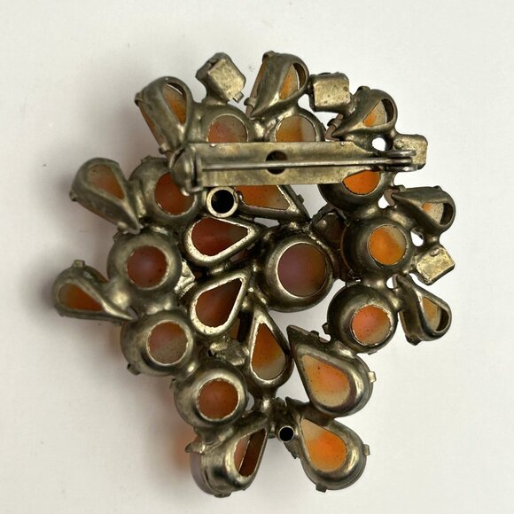 Vintage 1950s Orange Givre Glass Cabochon Arora Borealis Rhinestone Brooch - Picture 10 of 15
